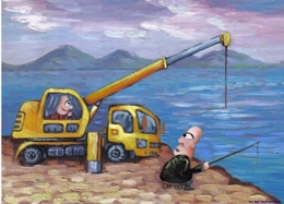 Péche avec une grue mobile dessin humour